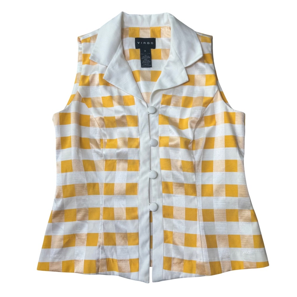 Vintage Virgo Yellow Gingham Sleeveless Button Front Blouse Top Size 8 retro